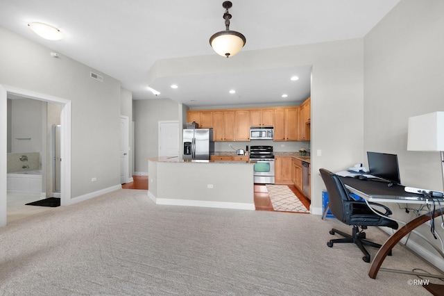 kitchen featuring appliances with stainless steel finishes, light carpet, recessed lighting, baseboards, and an office area
