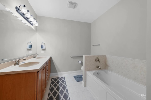 full bathroom featuring tile patterned floors, toilet, a garden tub, baseboards, and double vanity