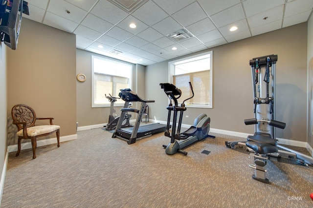 workout area featuring healthy amount of natural light, baseboards, a drop ceiling, and carpet flooring