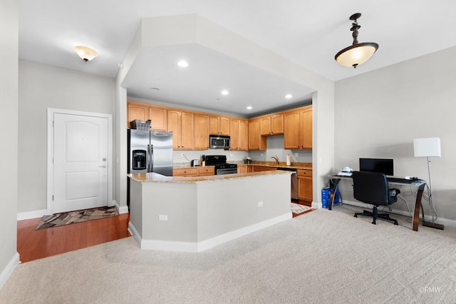 kitchen featuring stainless steel appliances, baseboards, light carpet, recessed lighting, and light stone countertops