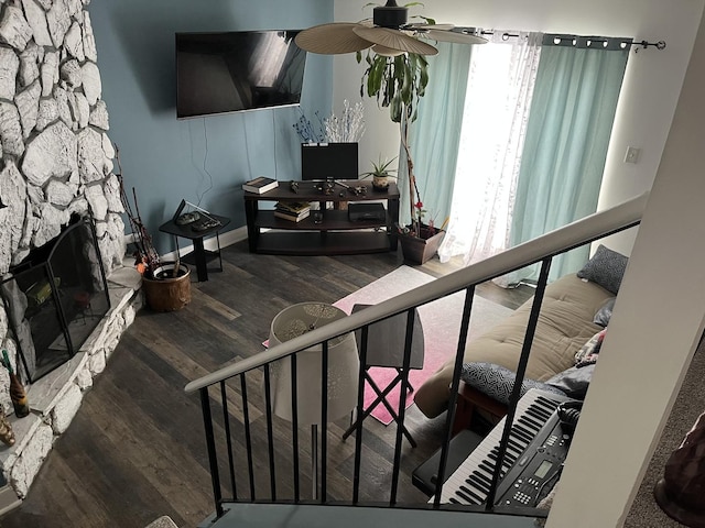 18650 Golfview Dr, Hazel Crest, IL 60429 - living area with wood finished floors, a ceiling fan, and a fireplace