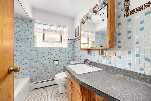 3707 Clarence Ave, Berwyn, IL 60402 - full bathroom featuring a baseboard heating unit, tile walls, tile patterned flooring, toilet, and a shower
