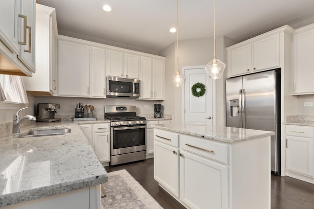 173 Willowwood Dr N, Oswego, IL 60543 - kitchen featuring stainless steel appliances, a sink, a center island, dark wood finished floors, and recessed lighting