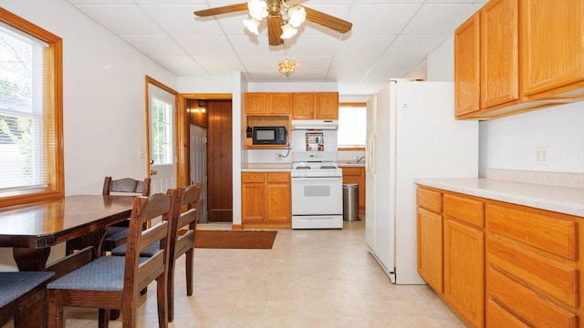 kitchen featuring white appliances, under cabinet range hood, a paneled ceiling, light countertops, and a ceiling fan