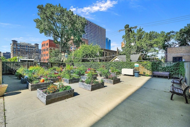 surrounding community with a vegetable garden, a patio, and a view of city