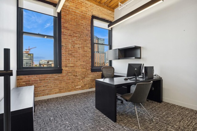 1327 W Washington Blvd Unit 5G-H, Chicago, IL 60607 - office with baseboards, a high ceiling, brick wall, wood ceiling, and carpet floors