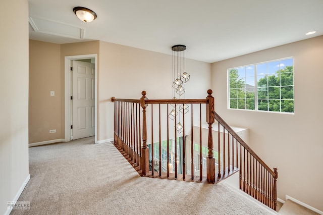 241 Morgan Valley Dr, Oswego, IL 60543 - stairs with carpet, baseboards, and attic access
