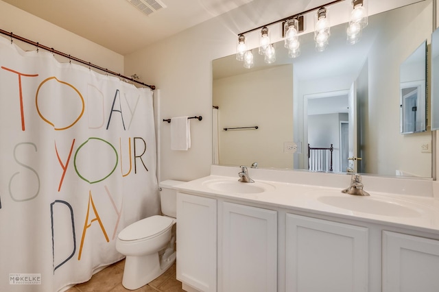 241 Morgan Valley Dr, Oswego, IL 60543 - bathroom featuring toilet, double vanity, tile patterned flooring, and a shower with curtain