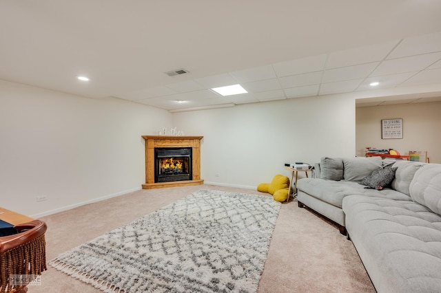 241 Morgan Valley Dr, Oswego, IL 60543 - living area featuring carpet, baseboards, a glass covered fireplace, and recessed lighting
