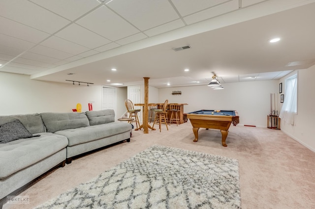 241 Morgan Valley Dr, Oswego, IL 60543 - playroom with carpet, pool table, bar, recessed lighting, and baseboards