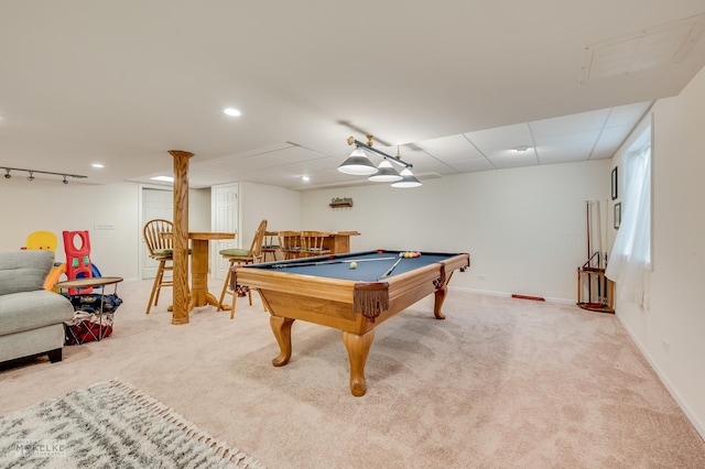 241 Morgan Valley Dr, Oswego, IL 60543 - playroom featuring a bar, carpet, pool table, baseboards, and recessed lighting