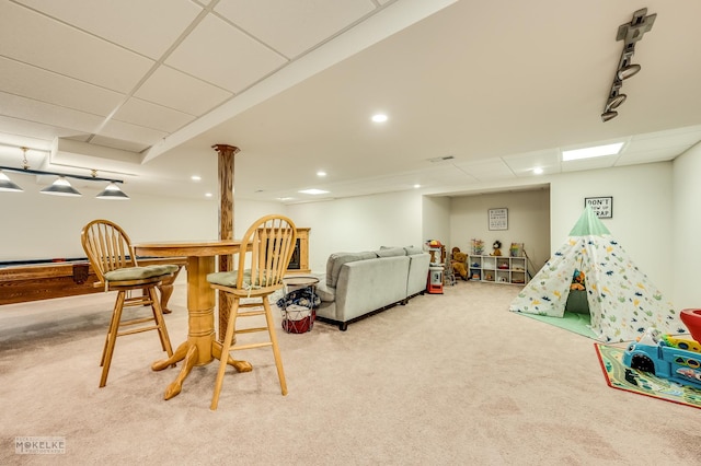 241 Morgan Valley Dr, Oswego, IL 60543 - recreation room with a bar, carpet flooring, and a drop ceiling