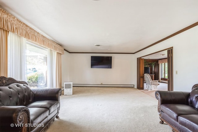 1715 W Main St, Sleepy Hollow, IL 60118 - carpeted living room with a baseboard radiator and crown molding
