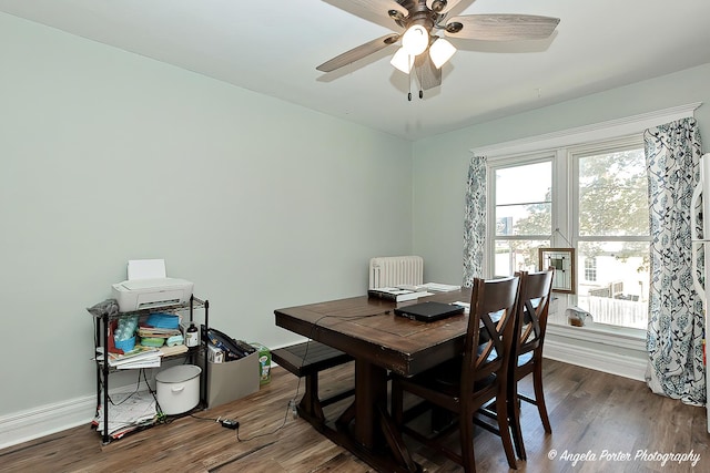 10208 N Main St, Richmond, IL 60071 - dining space featuring radiator heating unit, a ceiling fan, dark wood finished floors, and a desk