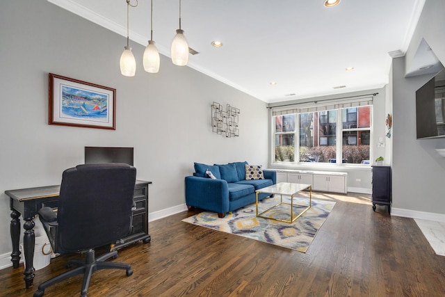 home office featuring crown molding, baseboards, wood finished floors, and recessed lighting