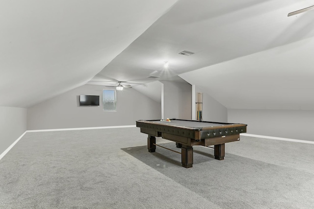 8081 Tennessee Ave, Willowbrook, IL 60527 - recreation room featuring carpet floors, baseboards, lofted ceiling, billiards table, and ceiling fan