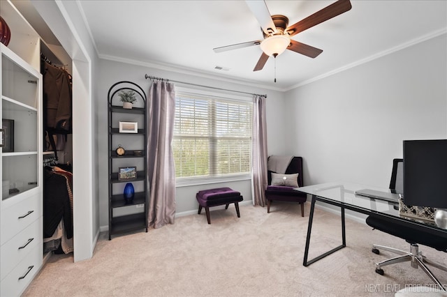 311 Mayfair Ln, South Elgin, IL 60177 - office space with light carpet, ornamental molding, ceiling fan, and baseboards