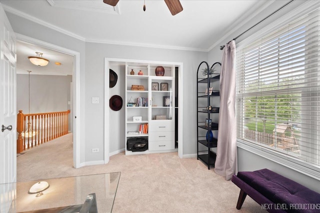 311 Mayfair Ln, South Elgin, IL 60177 - office area featuring light carpet, a ceiling fan, plenty of natural light, crown molding, and baseboards