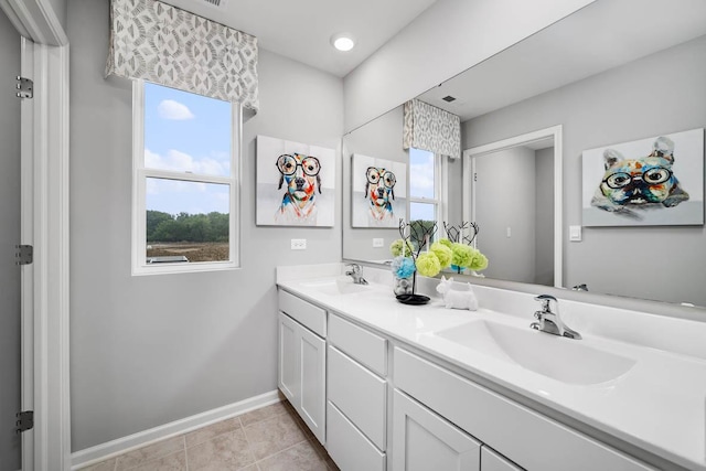 bathroom featuring baseboards, healthy amount of natural light, and double vanity