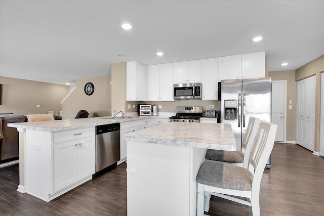 6103 Winterhaven Dr, Joliet, IL 60431 - kitchen featuring appliances with stainless steel finishes, dark wood-style flooring, a peninsula, open floor plan, and recessed lighting
