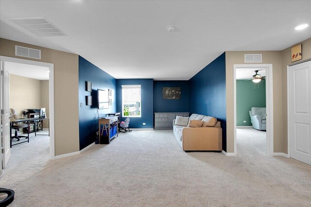 6103 Winterhaven Dr, Joliet, IL 60431 - carpeted living room with an office area, a ceiling fan, and baseboards