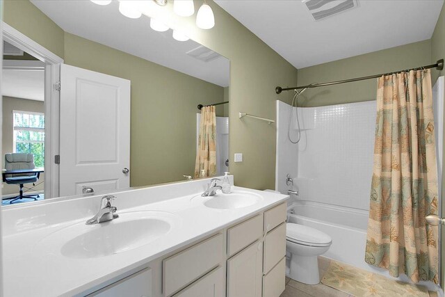 6103 Winterhaven Dr, Joliet, IL 60431 - full bathroom featuring shower / bathtub combination with curtain, double vanity, tile patterned flooring, and toilet