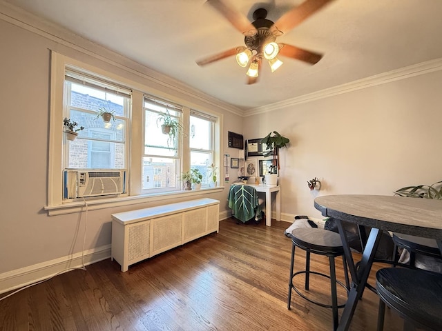 home office with baseboards, dark wood-style flooring, a ceiling fan, cooling unit, and ornamental molding