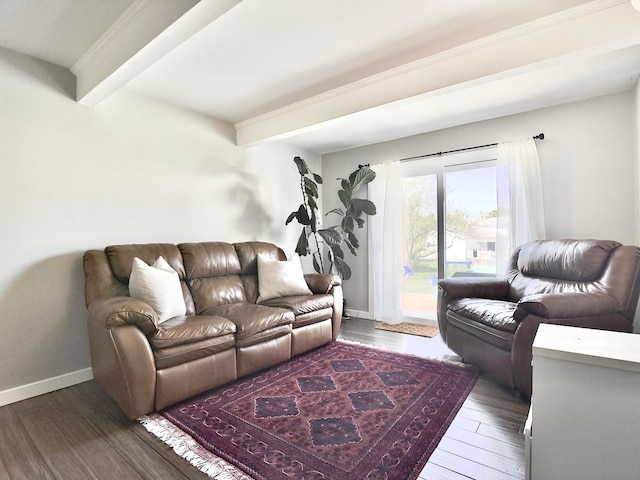 living room featuring beam ceiling, wood finished floors, and baseboards