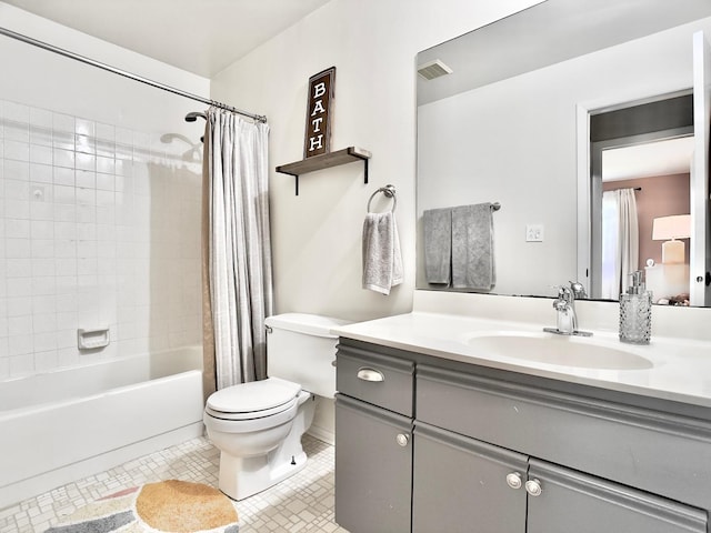 full bath featuring toilet, vanity, shower / bath combination with curtain, and tile patterned flooring