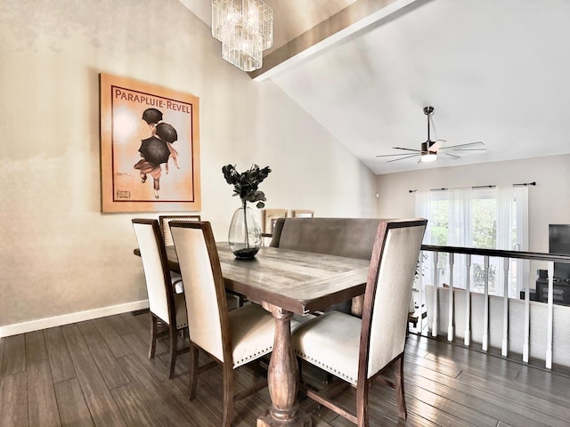 dining space with a chandelier, a ceiling fan, wood finished floors, and baseboards