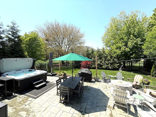 12074 Winterberry Ln, Plainfield, IL 60585 - view of patio featuring a hot tub, an outdoor fire pit, fence, and a grill