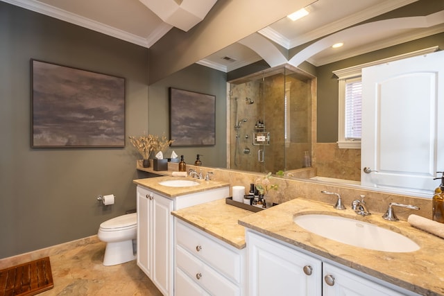 853 W Buckingham Pl Unit 4, Chicago, IL 60657 - bathroom with crown molding, a shower stall, toilet, vanity, and baseboards