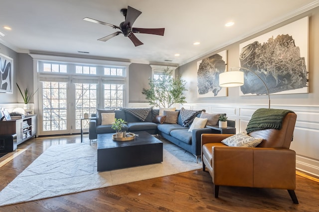 853 W Buckingham Pl Unit 4, Chicago, IL 60657 - living area with crown molding, a ceiling fan, recessed lighting, a decorative wall, and wood finished floors