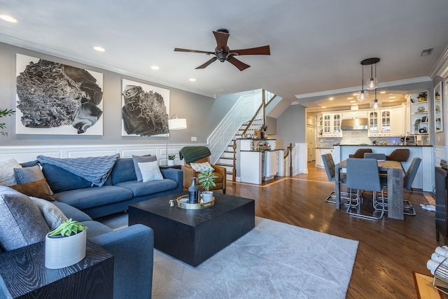 853 W Buckingham Pl Unit 4, Chicago, IL 60657 - living area featuring ornamental molding, stairway, recessed lighting, a ceiling fan, and wood finished floors