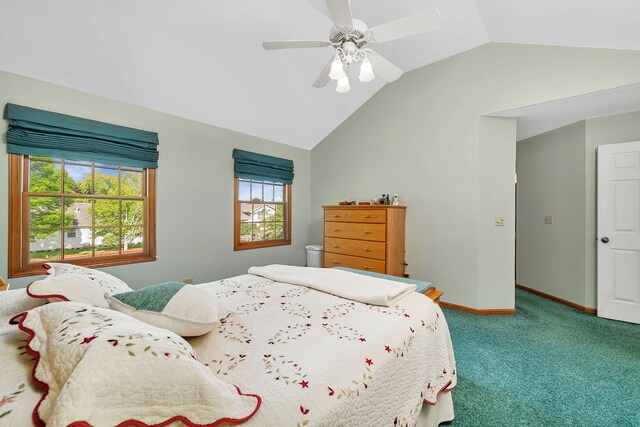 1002 Birchwood Ct, Morris, IL 60450 - bedroom with carpet flooring, vaulted ceiling, baseboards, and ceiling fan
