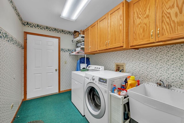1002 Birchwood Ct, Morris, IL 60450 - laundry area featuring washing machine and dryer, carpet flooring, cabinet space, and wallpapered walls