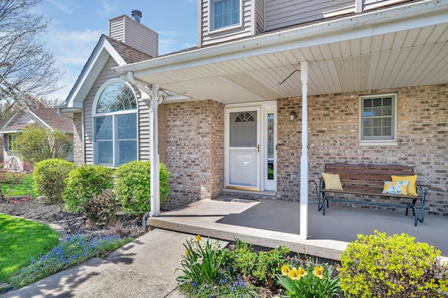 1002 Birchwood Ct, Morris, IL 60450 - property entrance with a porch, brick siding, and a chimney