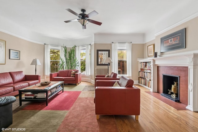 living area featuring ceiling fan, wood finished floors, a fireplace, and radiator