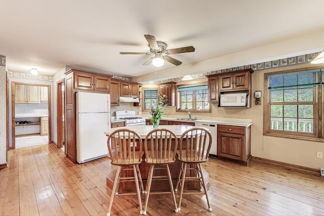 kitchen with white appliances, light countertops, ceiling fan, under cabinet range hood, and light wood finished floors