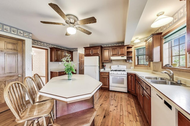 kitchen with white appliances, a sink, under cabinet range hood, open shelves, and light countertops