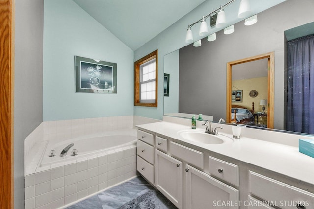 485 Mayfield Ln, Aurora, IL 60504 - full bath with a garden tub, lofted ceiling, vanity, and marble look tiles