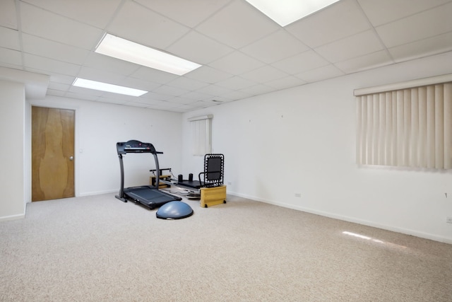 exercise room with a paneled ceiling, carpet floors, and baseboards