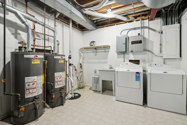 washroom featuring separate washer and dryer, water heater, light flooring, and electric panel