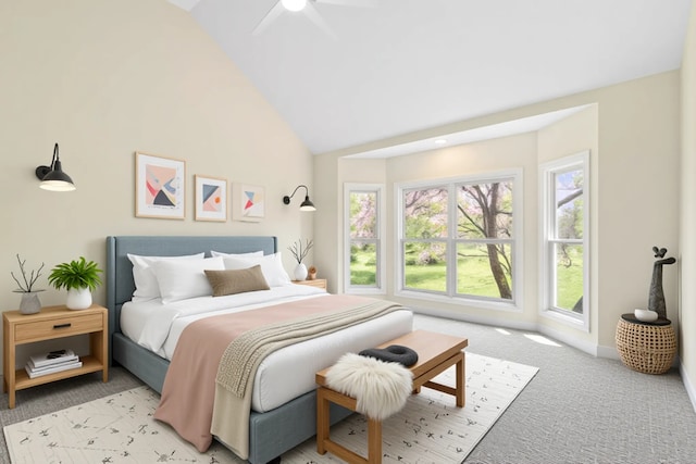165 Clover Hill Ln, Barrington, IL 60010 - bedroom featuring light carpet, high vaulted ceiling, baseboards, and a ceiling fan