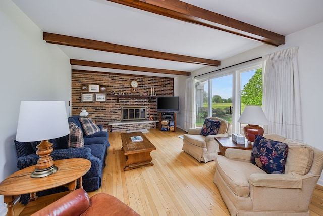 1405 N W St, Naperville, IL 60563 - living room with hardwood / wood-style floors, beamed ceiling, and a brick fireplace