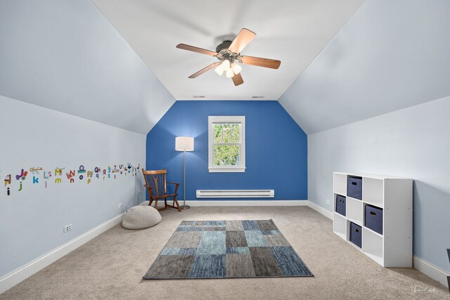 4617 Linscott Ave, Downers Grove, IL 60515 - unfurnished room featuring a baseboard radiator, carpet floors, ceiling fan, and lofted ceiling