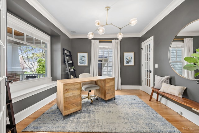 4617 Linscott Ave, Downers Grove, IL 60515 - office with light wood-style floors, a chandelier, crown molding, and french doors