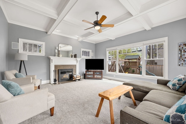 4617 Linscott Ave, Downers Grove, IL 60515 - living area featuring coffered ceiling, carpet floors, a fireplace with flush hearth, a ceiling fan, and beamed ceiling