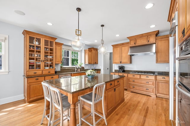 4617 Linscott Ave, Downers Grove, IL 60515 - kitchen featuring under cabinet range hood, stainless steel appliances, a kitchen island, light wood-style flooring, and recessed lighting