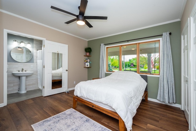 2112 Church St, Johnsburg, IL 60051 - bedroom with baseboards, ornamental molding, wood finished floors, ensuite bath, and ceiling fan